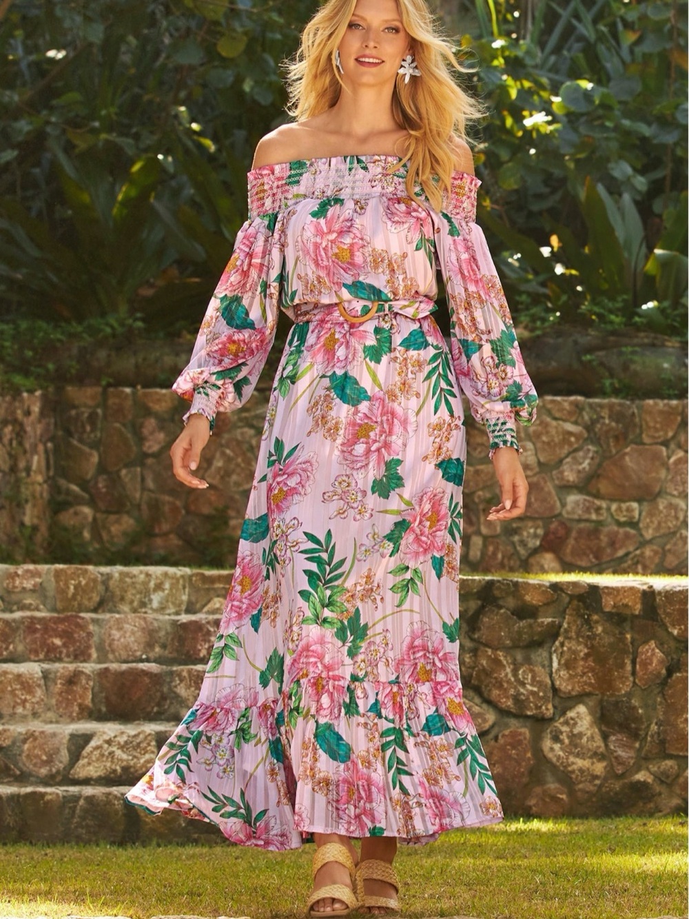 Boston Proper Floral Blooms Off Shoulder Maxi Dress‎ Pink Resort Wedding Guest